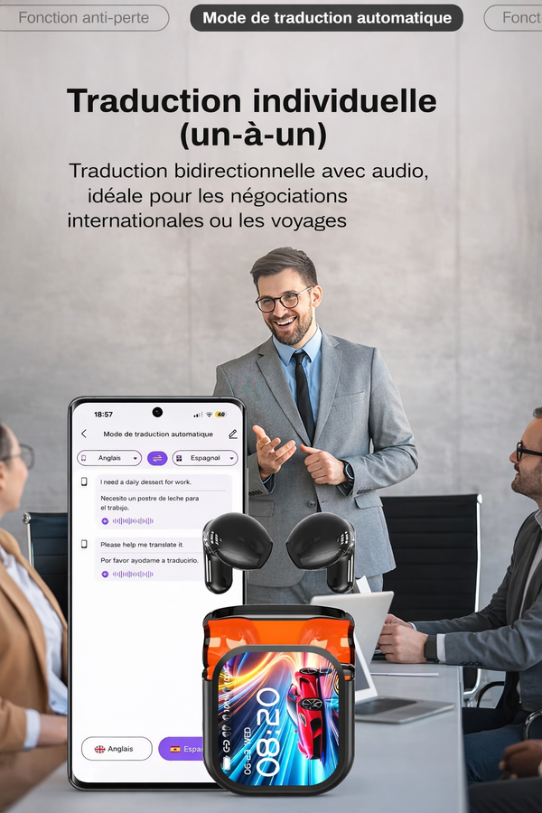 LinguaPods™  écouteurs traducteurs, traduction instantanée, écouteurs sans fil, traducteur vocal, écouteurs multilingues, gadget voyage, traduction en temps réel
