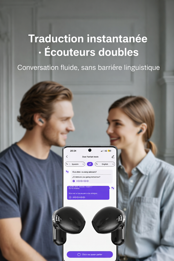 LinguaPods™  écouteurs traducteurs, traduction instantanée, écouteurs sans fil, traducteur vocal, écouteurs multilingues, gadget voyage, traduction en temps réel